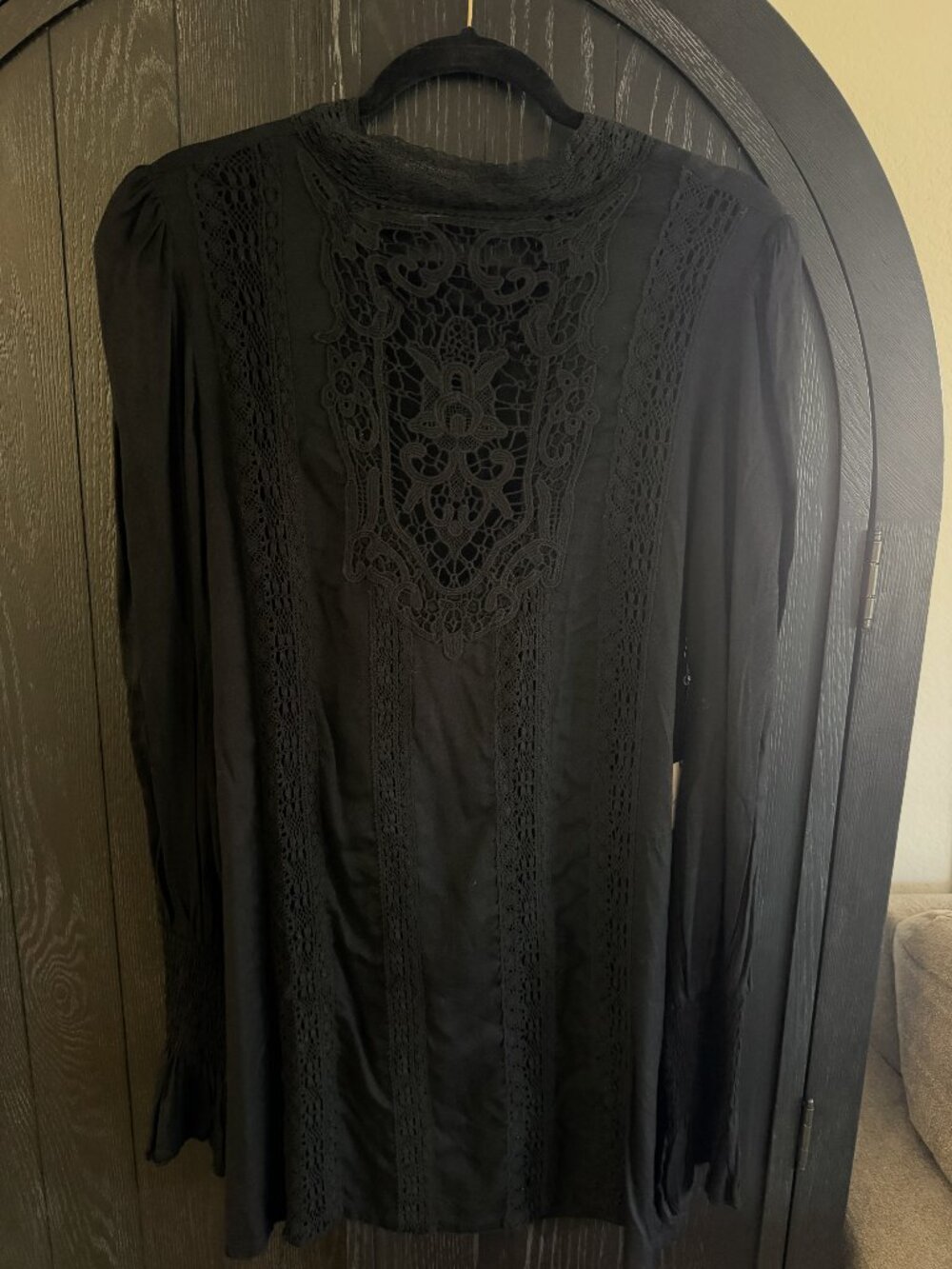 Free People Black Lace-Front Long Sleeve Tunic Dress